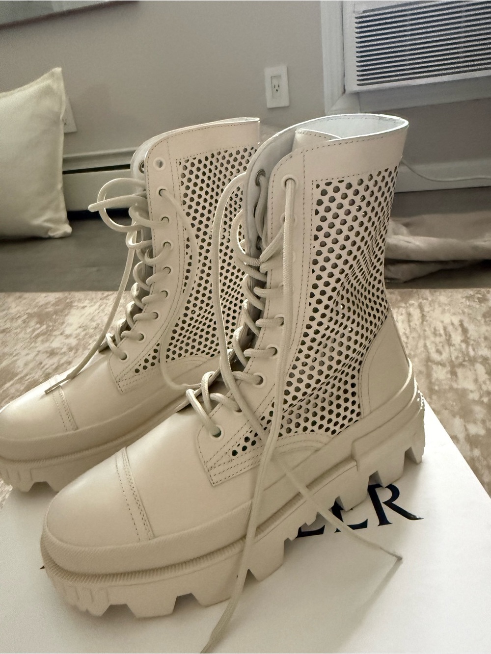 Lace-Up Perforated Combat Boots in Cream